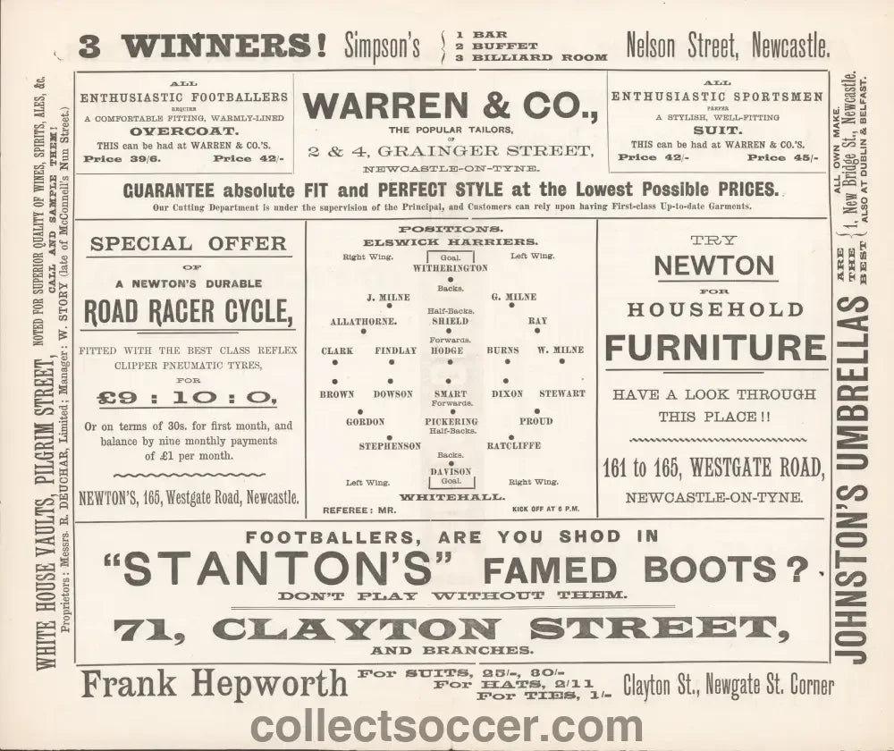 1901 At Newcastle United Elswick Harriers v Whitehall Programme - Collect Soccer
