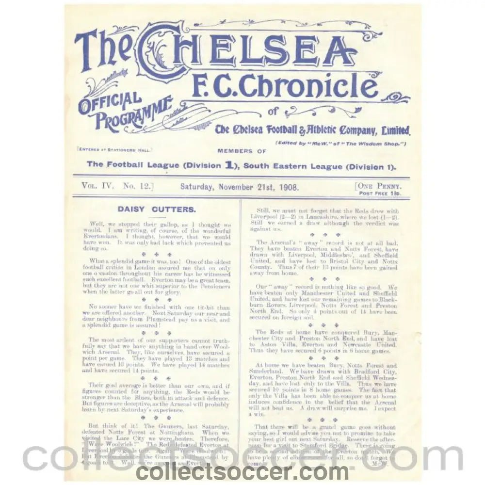 1908 Chelsea v Salisbury City Official Programme - Collect Soccer