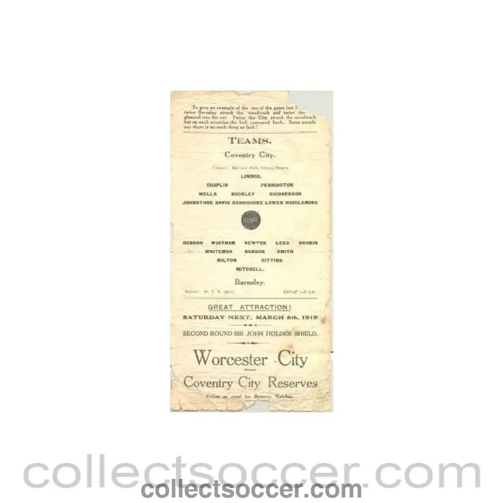 1919 - Coventry City v Barnsley official programme 01/03/1919 - Collect Soccer