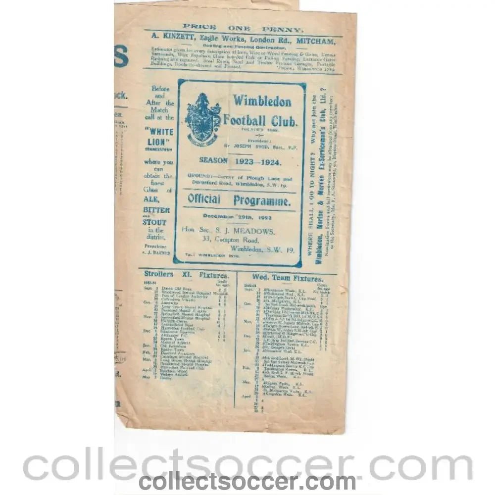 1923 - Wimbledon v London Caledonians 29/12/1923 Official Programme - Collect Soccer