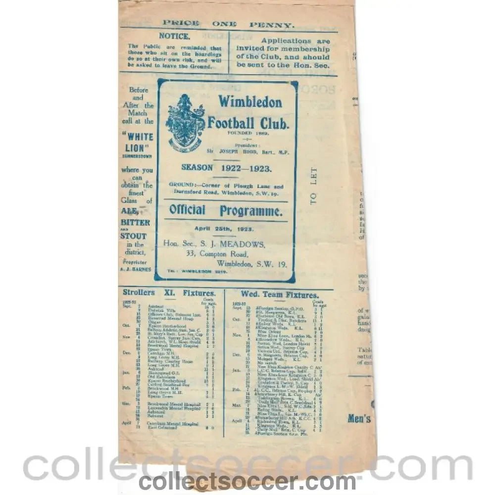 1923 - Wimbledon v The Casuals 25/4/1923 Official Programme - Collect Soccer