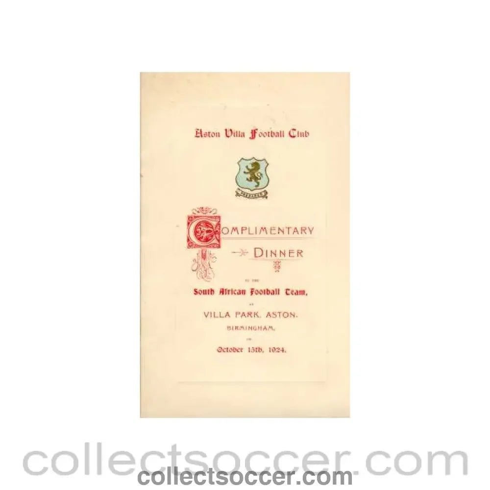 1924 Menu Aston Villa Dinner in Honour of the South Africans - Collect Soccer