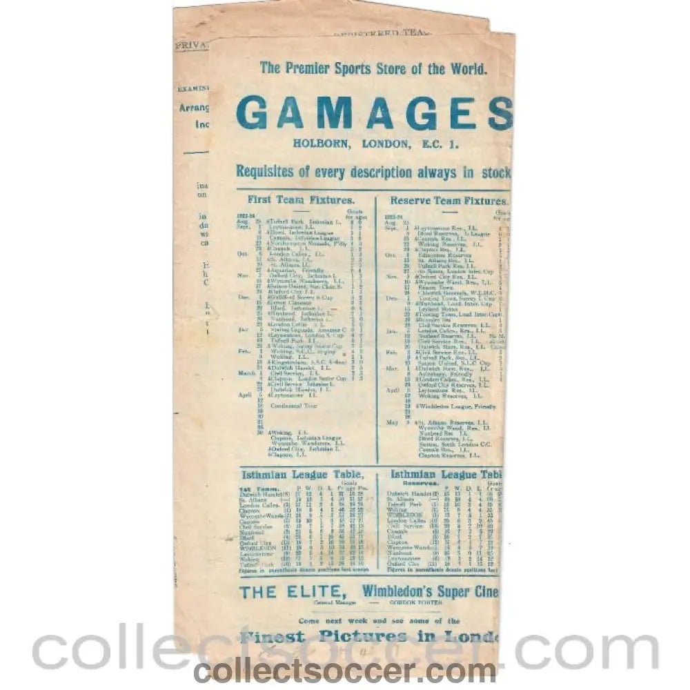 1924 - Wimbledon V Civil Service Official Programme 22/3/1924 - Collect Soccer