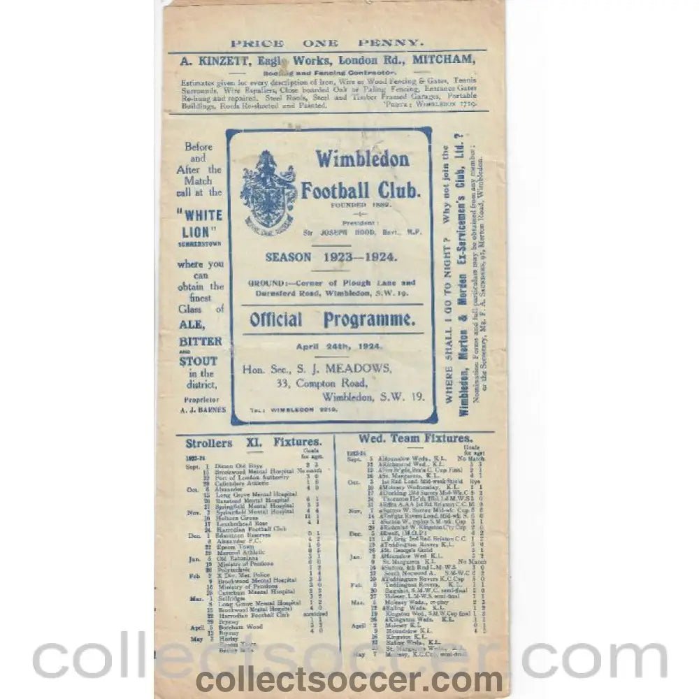 1924 - Wimbledon v Clapton 24/4/1924 Official Programme - Collect Soccer