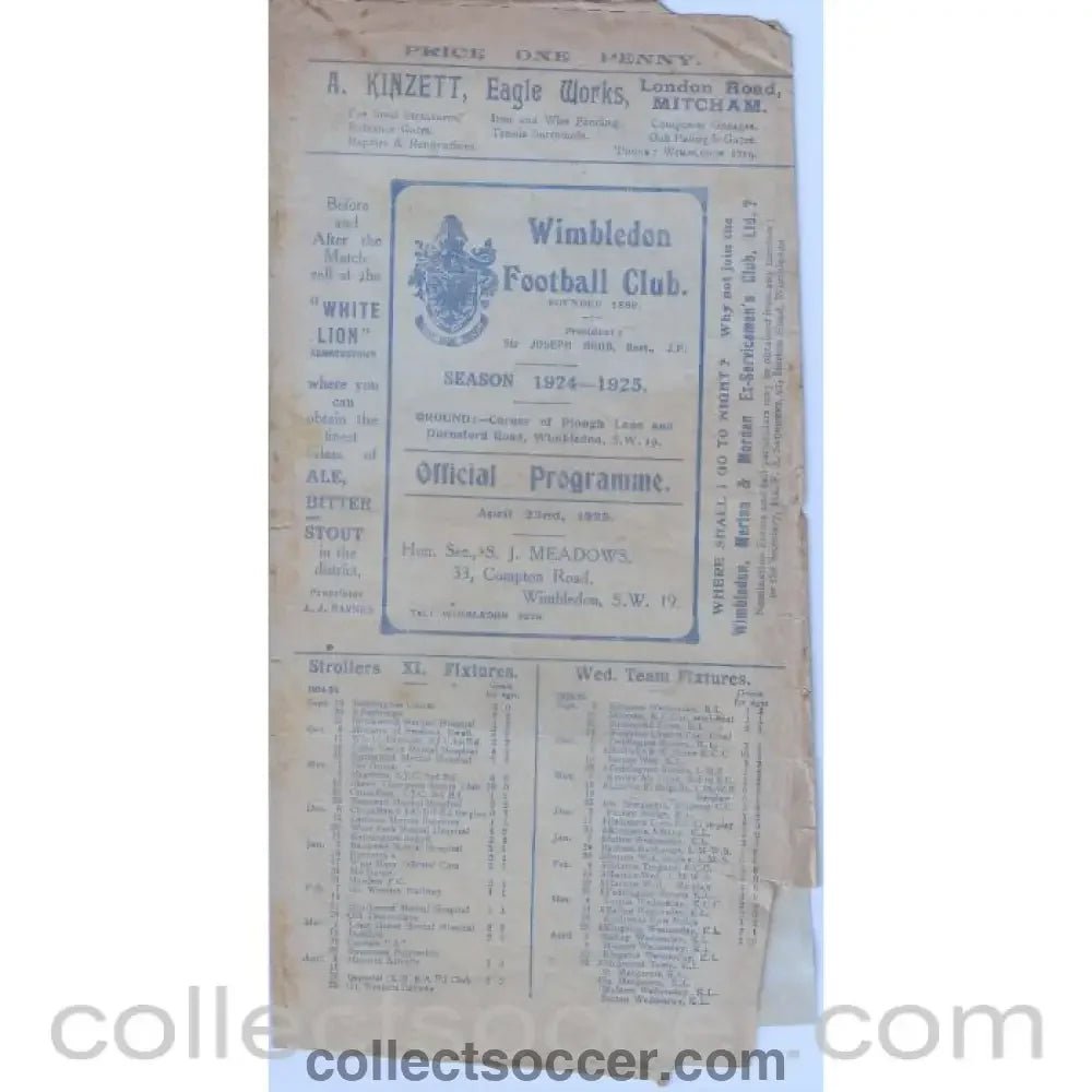 1925 - Wimbledon v Ilford 22/4/1925 Official Programme - Collect Soccer