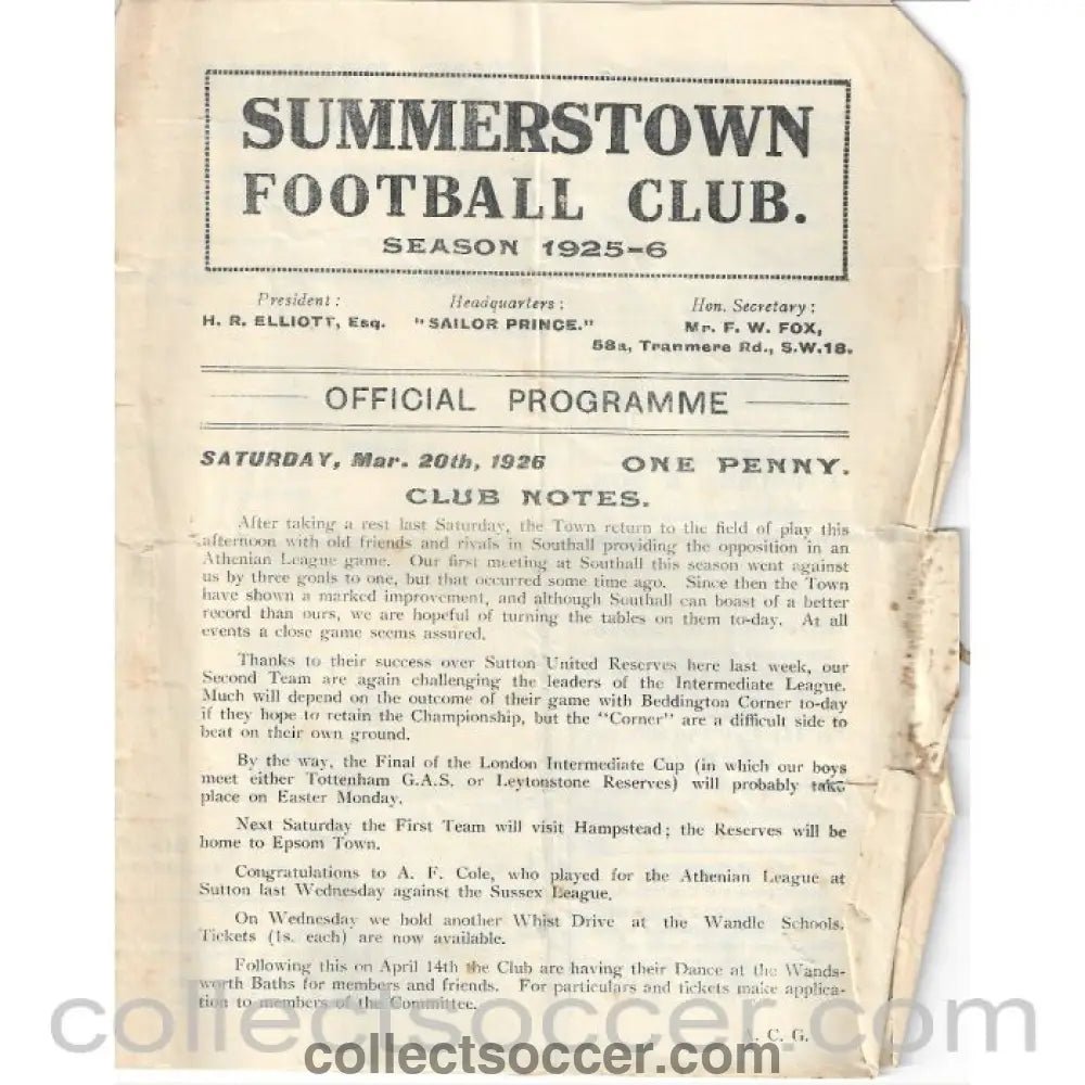 1926 - Summerstown v Southall 20/3/1926 Official Programme - Collect Soccer