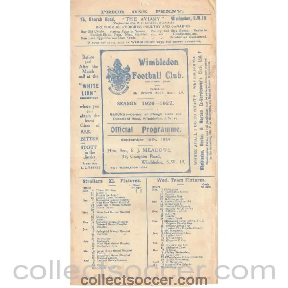 1926 - Wimbledon v Ilford 18/9/1926 Official Programme - Collect Soccer