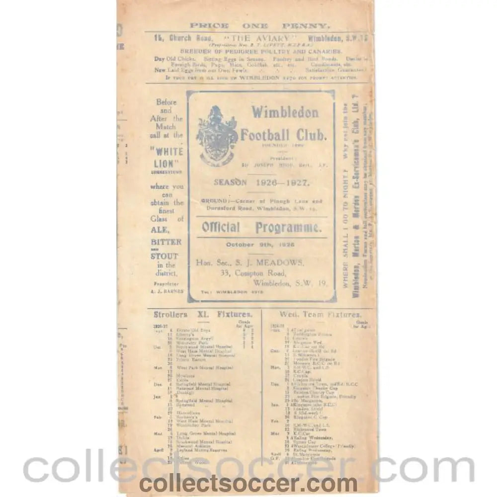 1926 - Wimbledon v Summerstown Surrey Charity Shield Official Programme 9/10/1926 - Collect Soccer