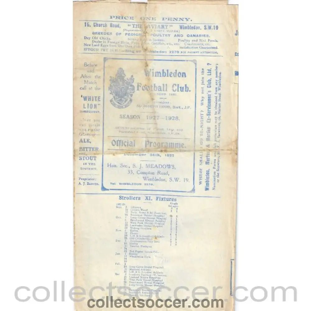 1927 - Wimbledon v Ilford 24/12/1927 Official Programme - Collect Soccer