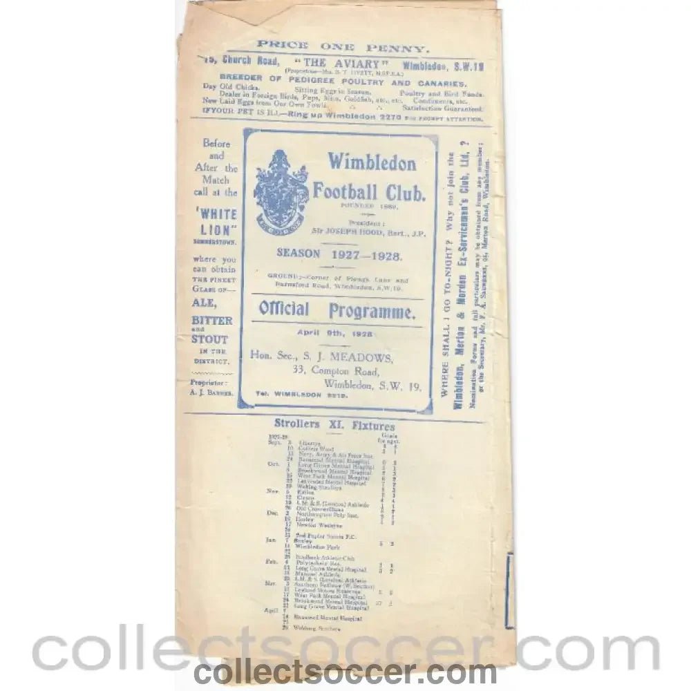 1928 - Wimbledon Reserves v City of London Police 9/4/1928 Official Programme - Collect Soccer