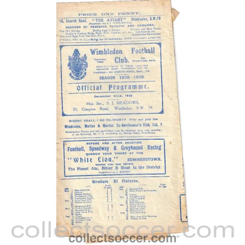 1928 - Wimbledon v Kingstonian SCC Offical Programme 22/12/1928 - Collect Soccer