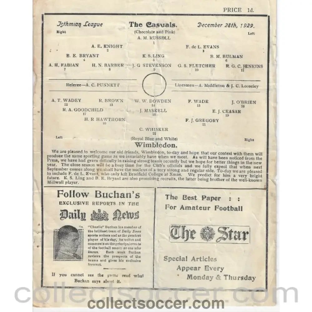 1929 - Rare Casuals v Wimbledon Programme 28/12/1929 - Collect Soccer
