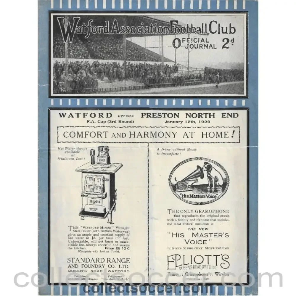 1929 - Watford v Preston North End FA Cup 3rd Round Official Programme - Collect Soccer