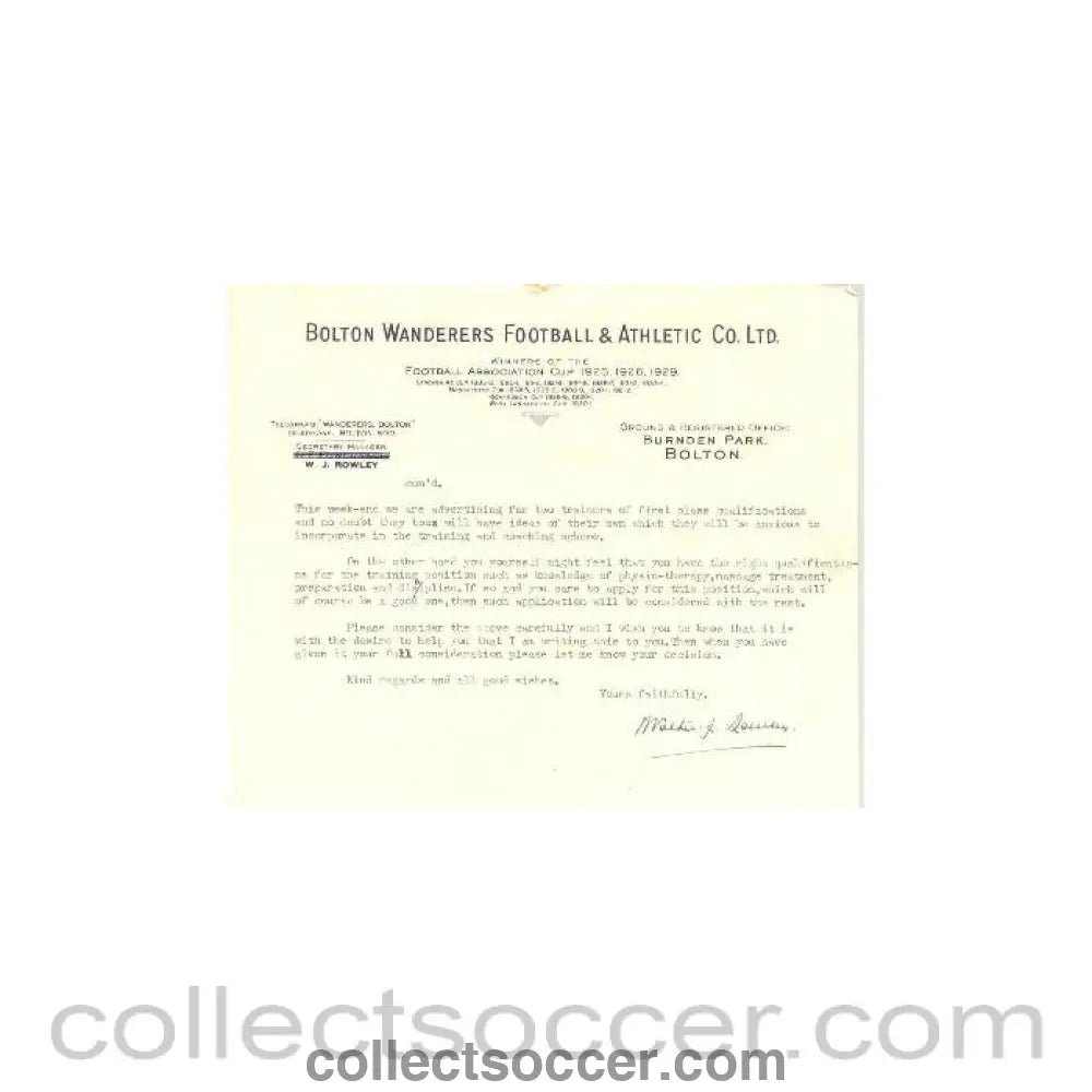 1930 - Bolton Wanderers letter about recruiting two trainers, probably of about 1930 - Collect Soccer