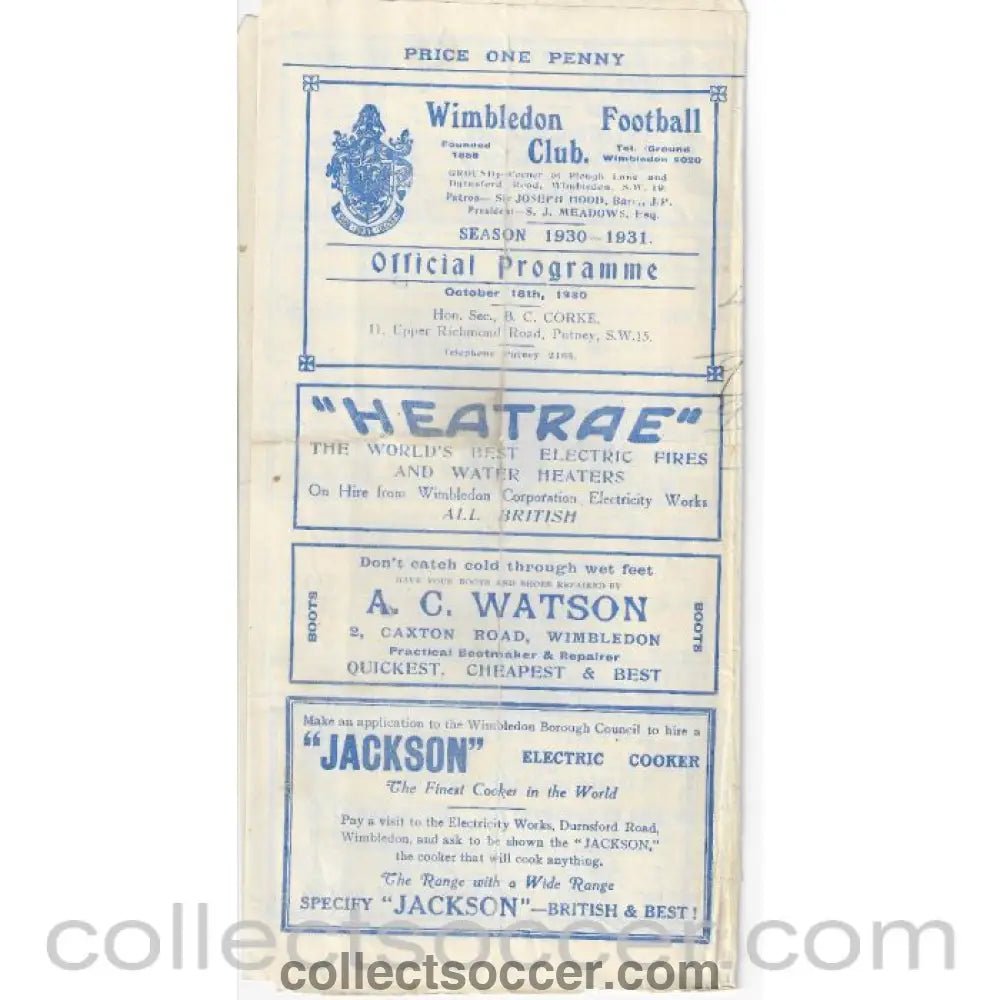 1930 - Wimbledon v Dulwich Hamlet Official Programme 18/10/1930 Official Programme - Collect Soccer