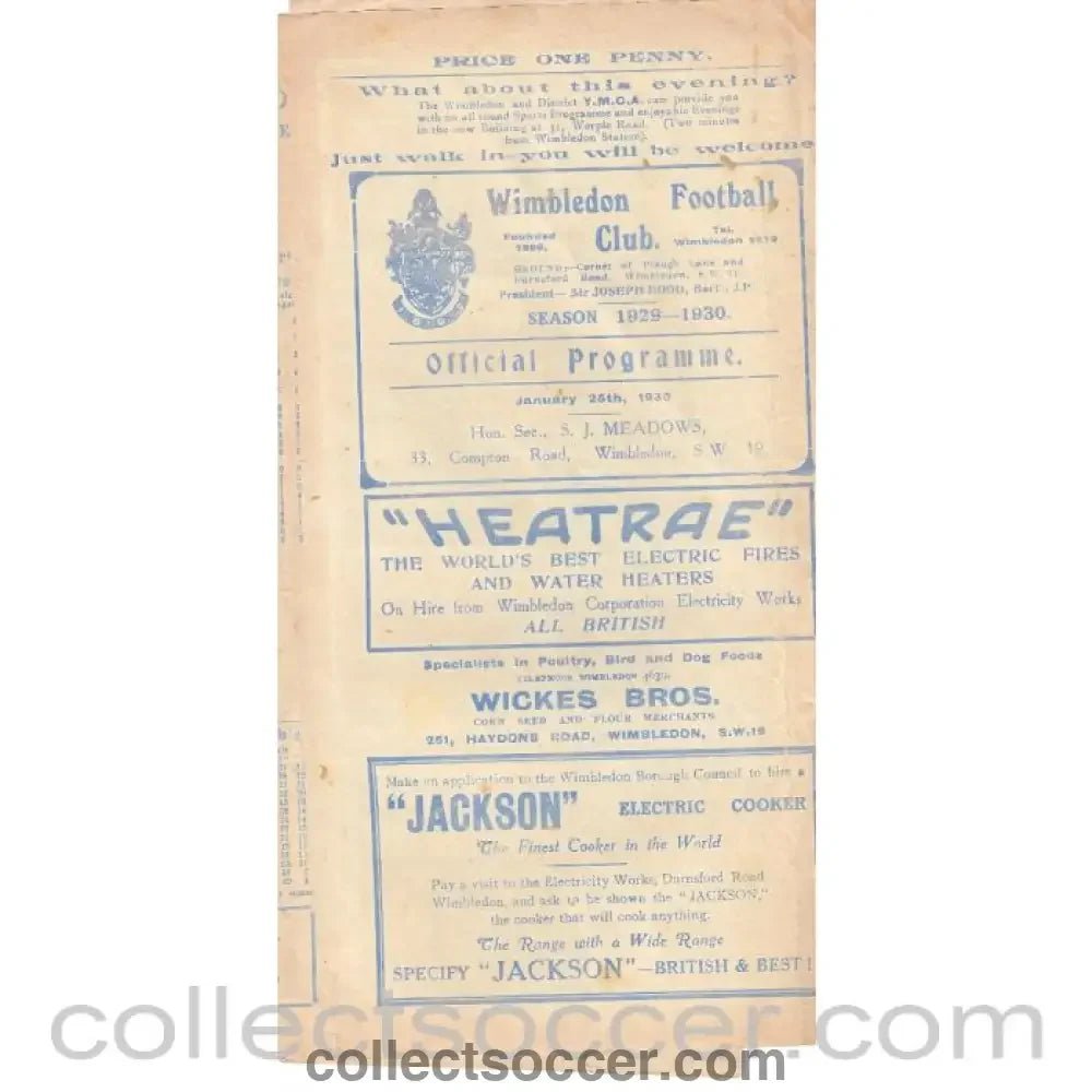 1930 - Wimbledon v Egham SSC 25/1/1930 Official Programme - Collect Soccer