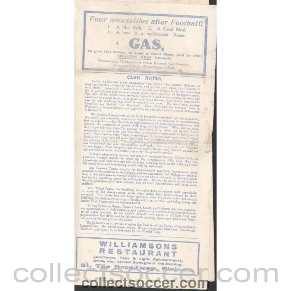 1930 - Wimbledon v The Casuals 3/05/1930 Official Programme - Collect Soccer