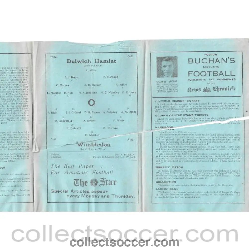 1931 - Dulwich Hamlet v Wimbledon 26/9/1931 Programme - Torn after page 1 and 2 - Collect Soccer