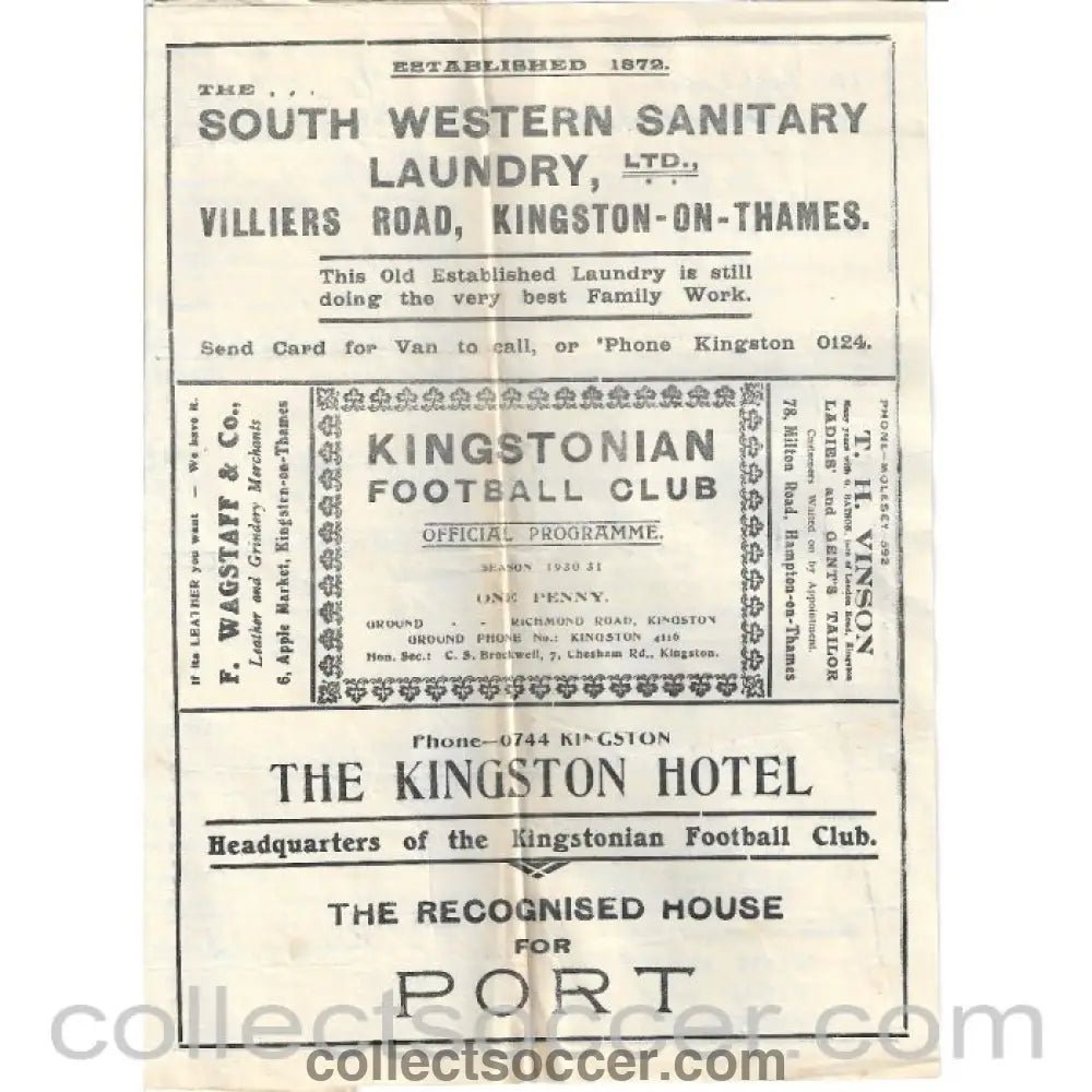 1931 - Kingstonian v Wimbledon Official Programme 11/10/1930 - Collect Soccer