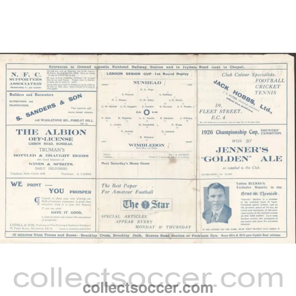 1931 - Official Programme Nunhead V Wimbledon LSC 1st Round Replay 31/1/1931 - Collect Soccer