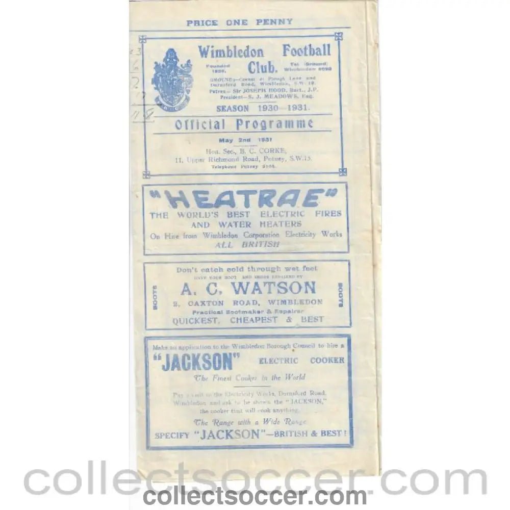 1931 - Wimbedon v Oxford City 2/5/1931 - Collect Soccer