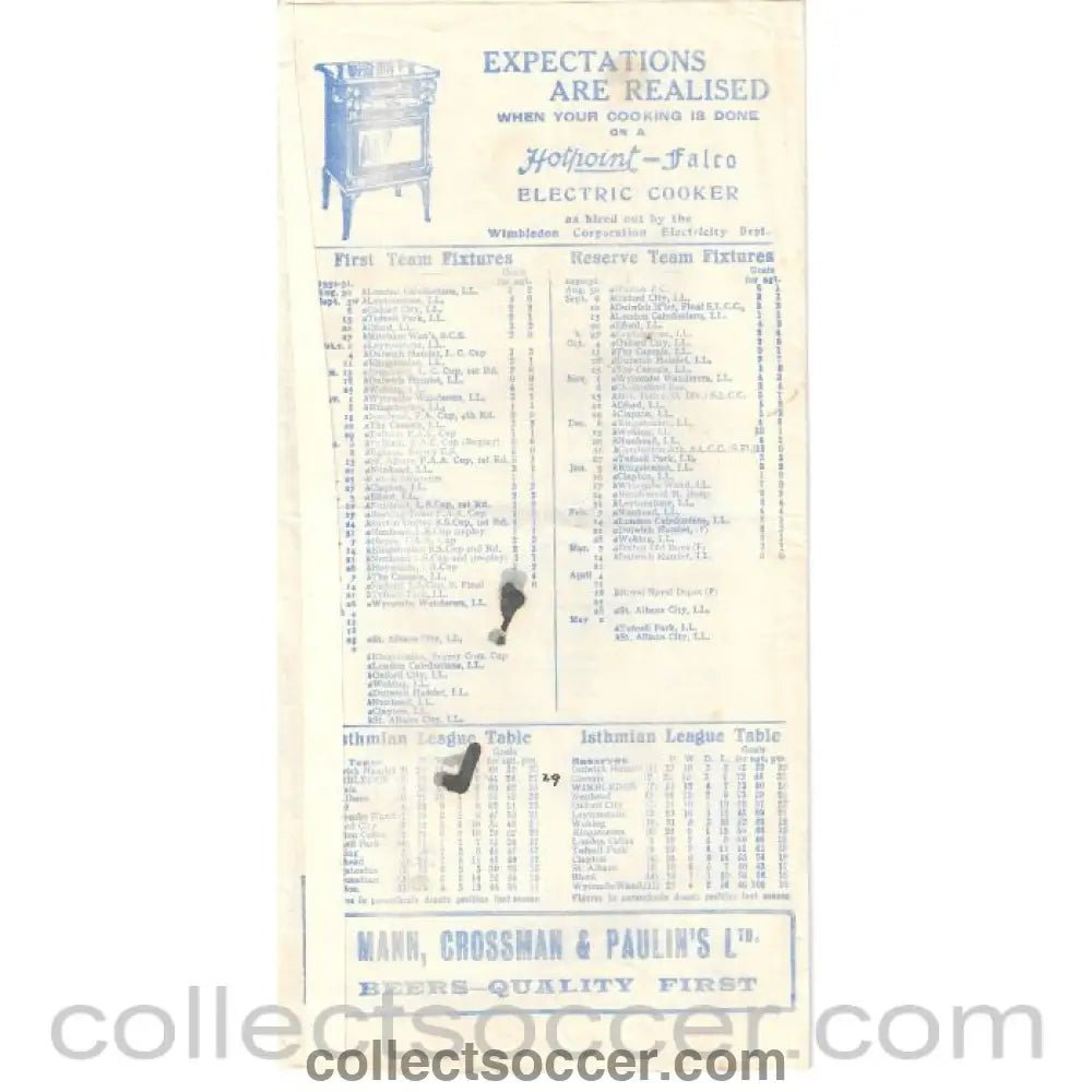 1931 - Wimbledon v Tufnell Park Official Programme 21/03/1931 - Collect Soccer