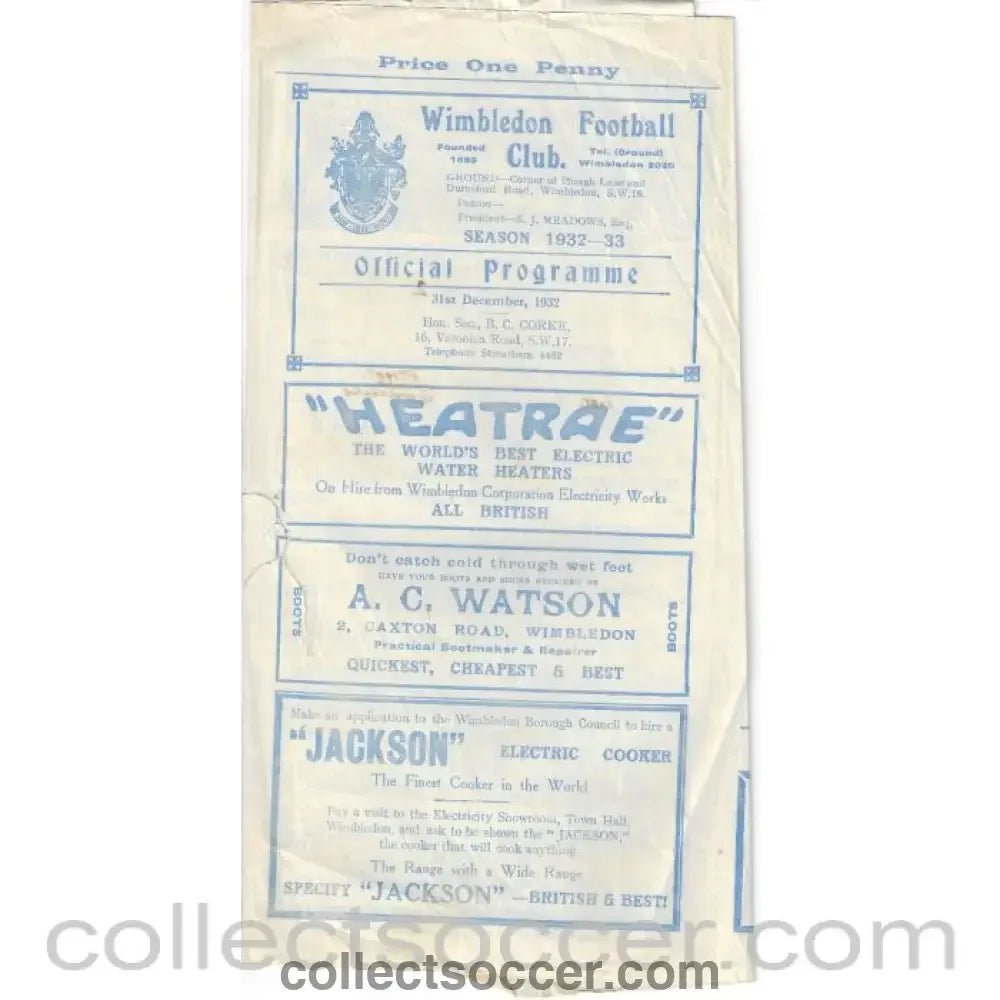 1932 - Wimbledon v Nunhead LCC 31/12/1932 - Collect Soccer