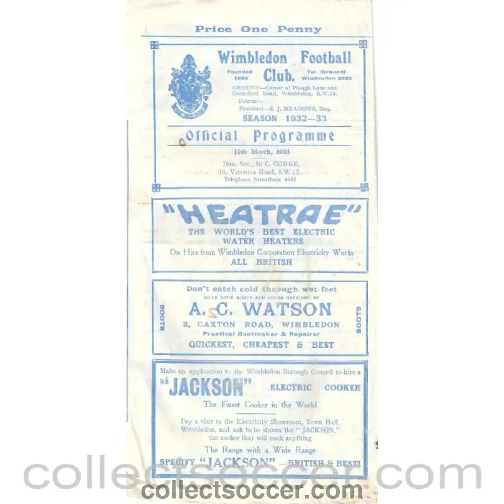 1933 - At Wimbledon FC LSC Semi Final Dulwich Hamlet v Finchley Programme - Collect Soccer