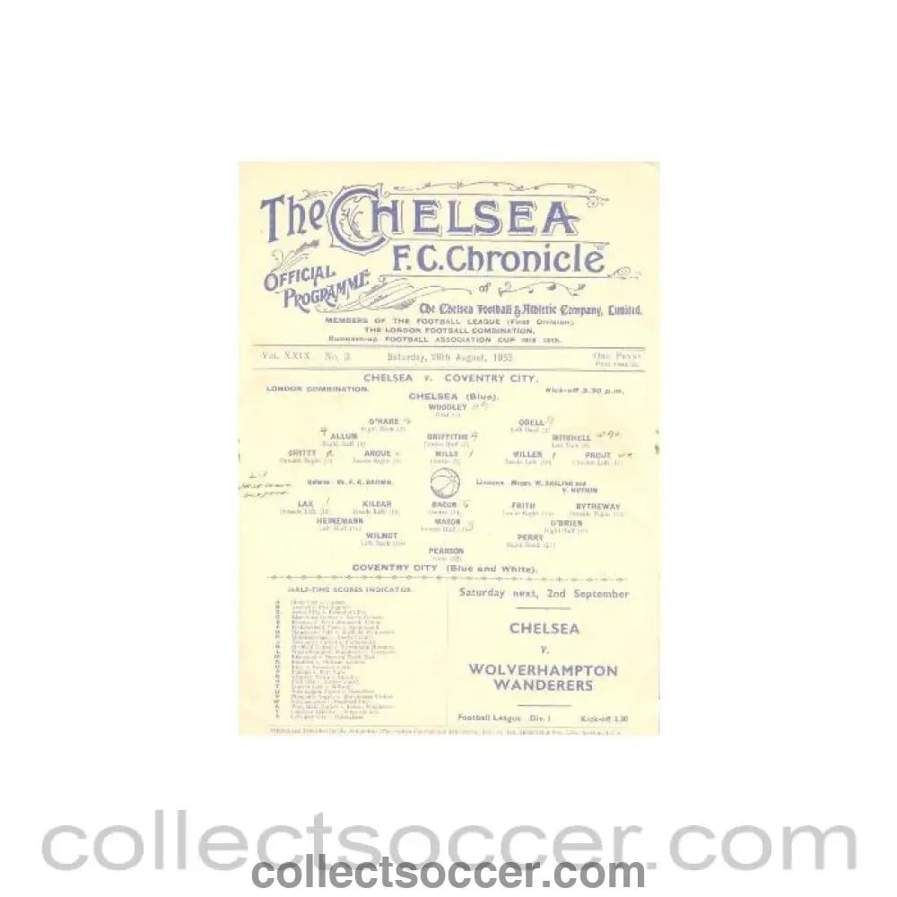 1933 - Chelsea v Coventry City official programme 26/08/1933 - Collect Soccer