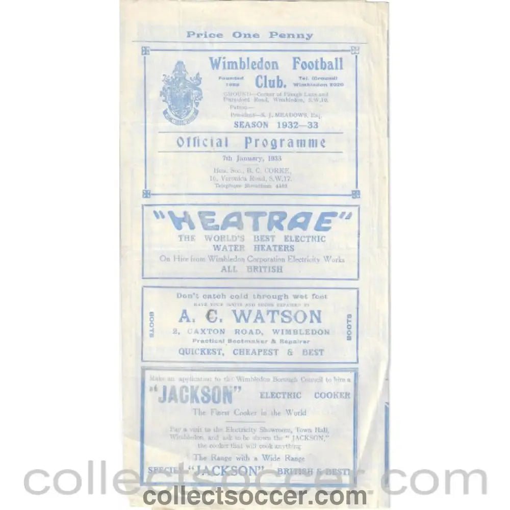 1933 - Wimbledon v Finchley 7/1/1933 LSC Official programme - Collect Soccer