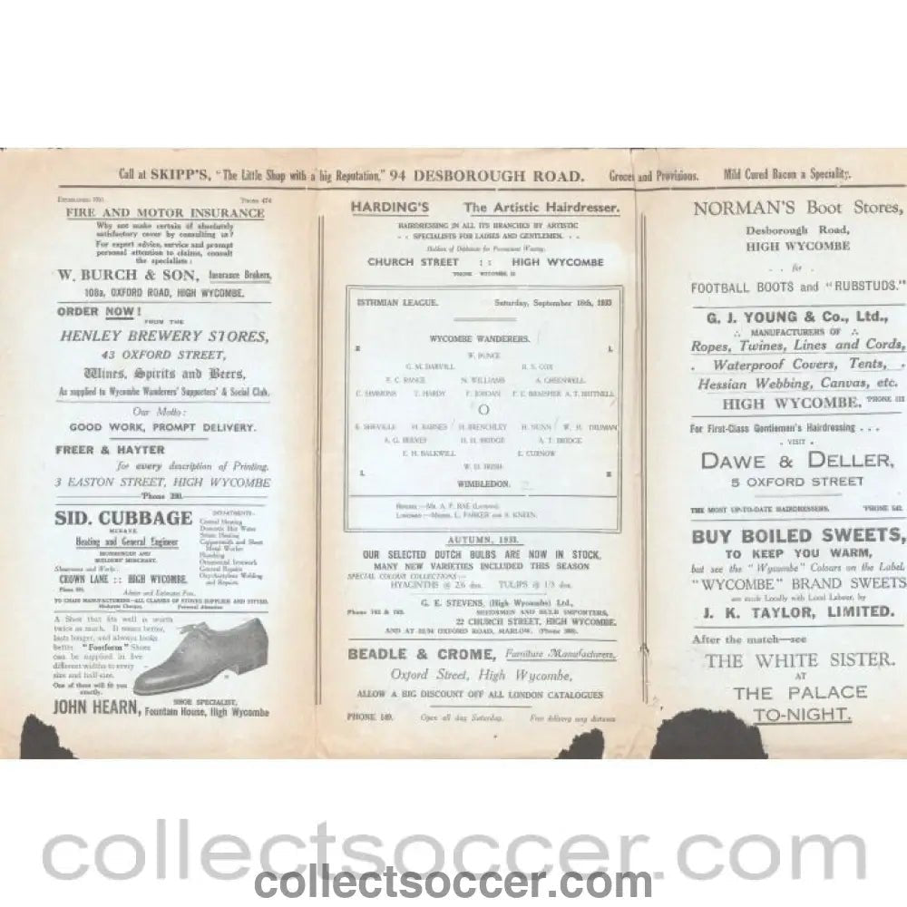1933 - Wycombe Wanderers v Wimbledon 16/09/1933 Official Programme - Collect Soccer