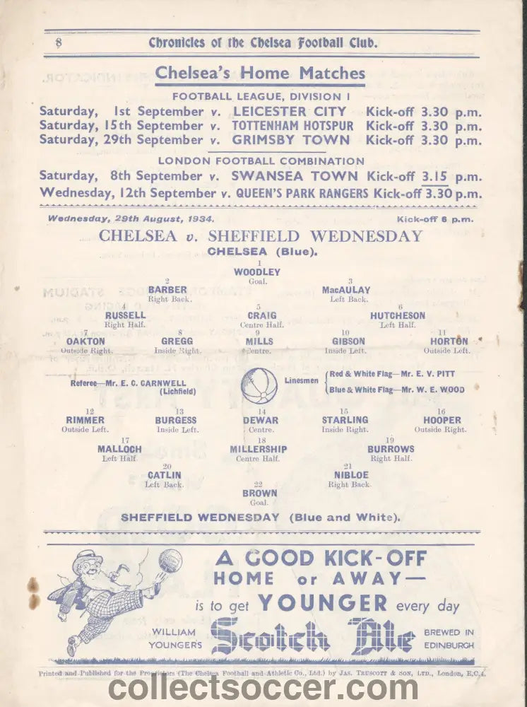 1934 Chelsea v Sheffield Wednesday Original Football Programme 29/8/1934