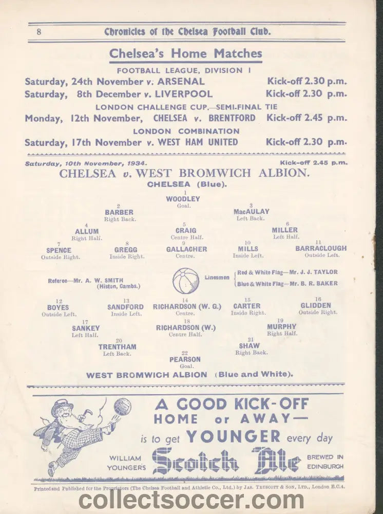 1934 Chelsea v West Bromwich Albion Official Programme 10/11/1934