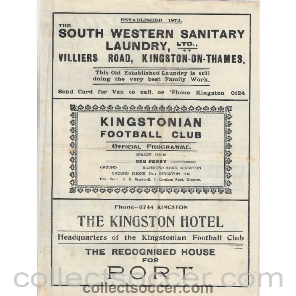 1934 - Kingstonian v Wimbledon 8/9/1934 Official Programme - Collect Soccer
