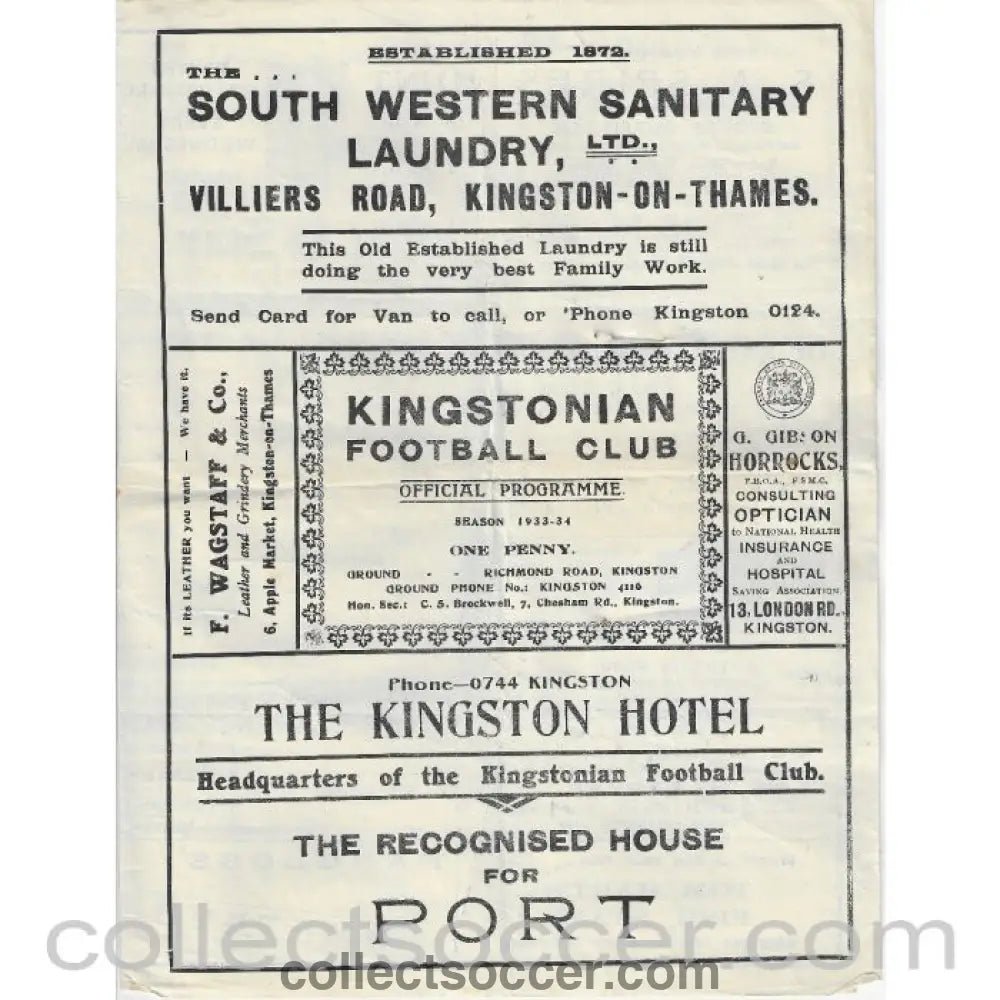 1934 - Kingstonian v Wimbledon LSC 2nd round 21/1/1934 Official Programme + small press clipping - Collect Soccer