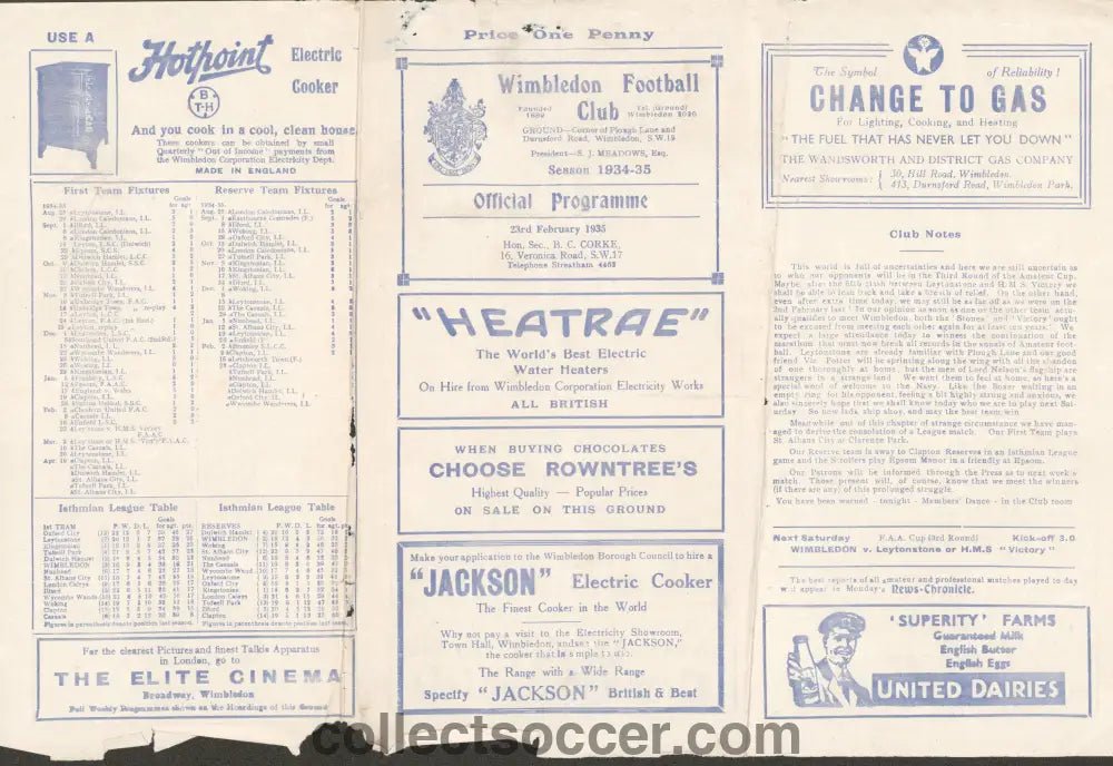 1935 At Wimbledon FC Leytonstone v HMS Victory 2nd Round 4th Replay FA Amateur Cup Programme - Collect Soccer