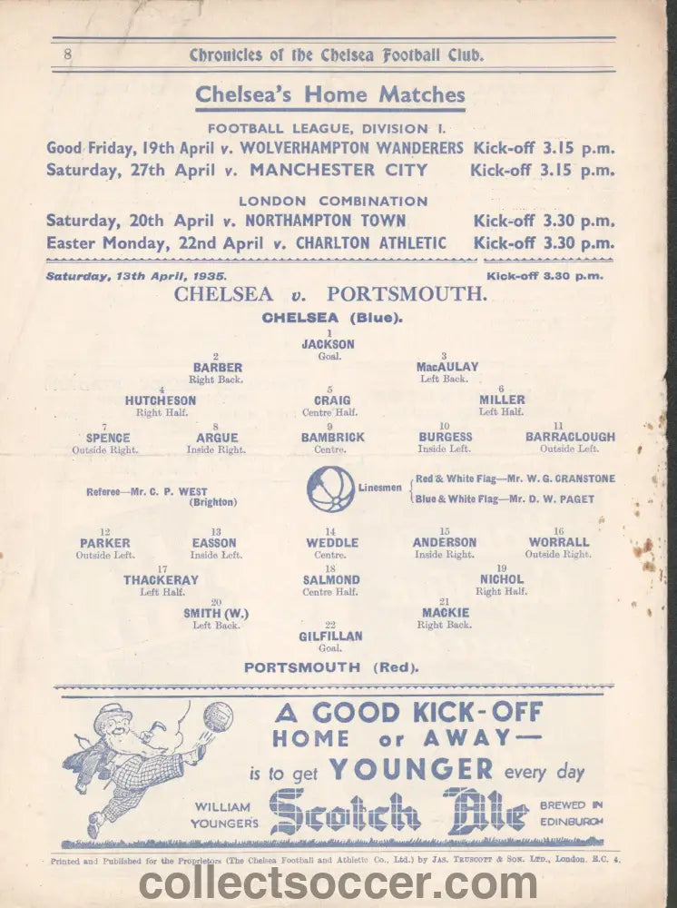 1935 Chelsea v Portsmouth Official Programme 13/4//1935