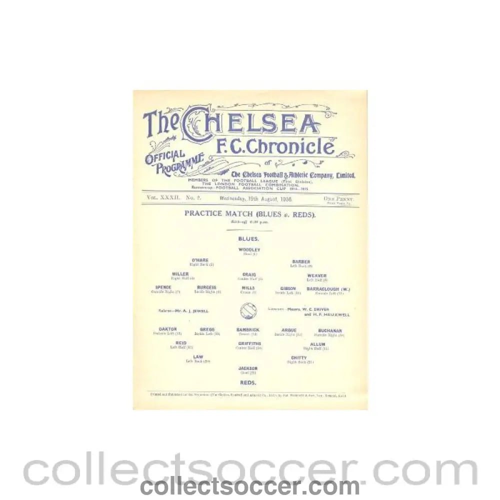 1936 - Chelsea Practice Match official programme 19/08/1936 - Collect Soccer
