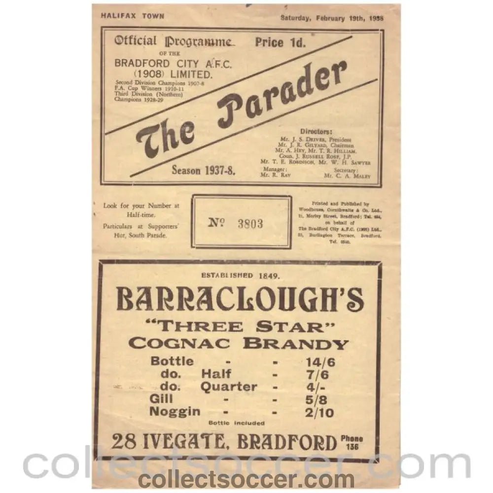 1937 - 1938 Bradford City v Halifax Town Official Programme - Collect Soccer