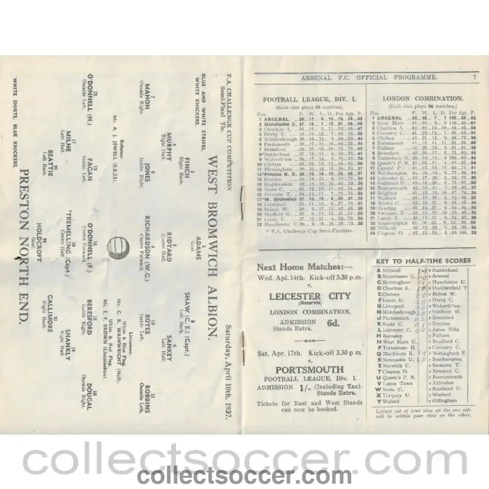 1937 FA Cup Semi Final At Arsenal West Bromwich Albion v Preston North End Programme - Collect Soccer