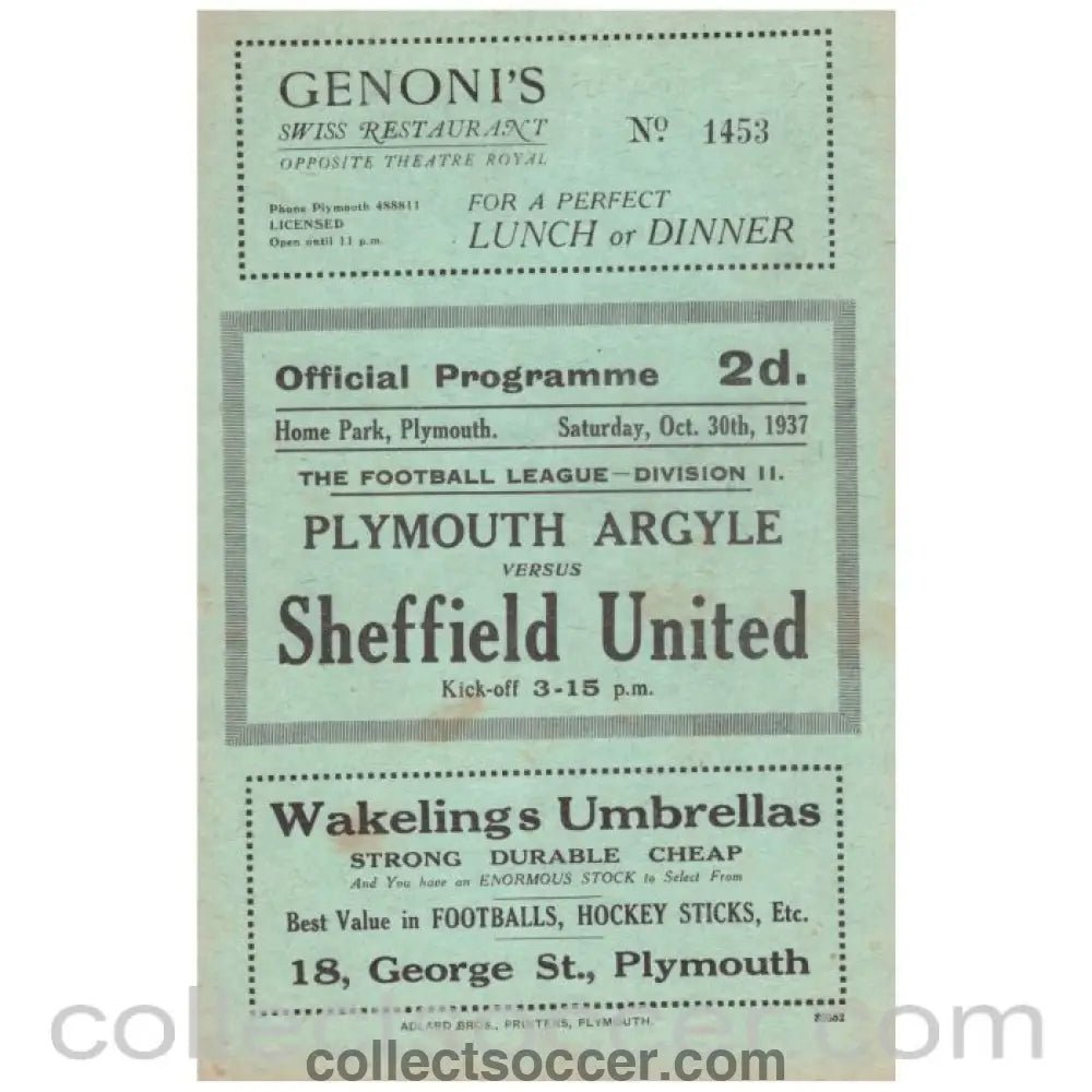 1937 Plymouth Argyle v Sheffield United Football Programe - Collect Soccer