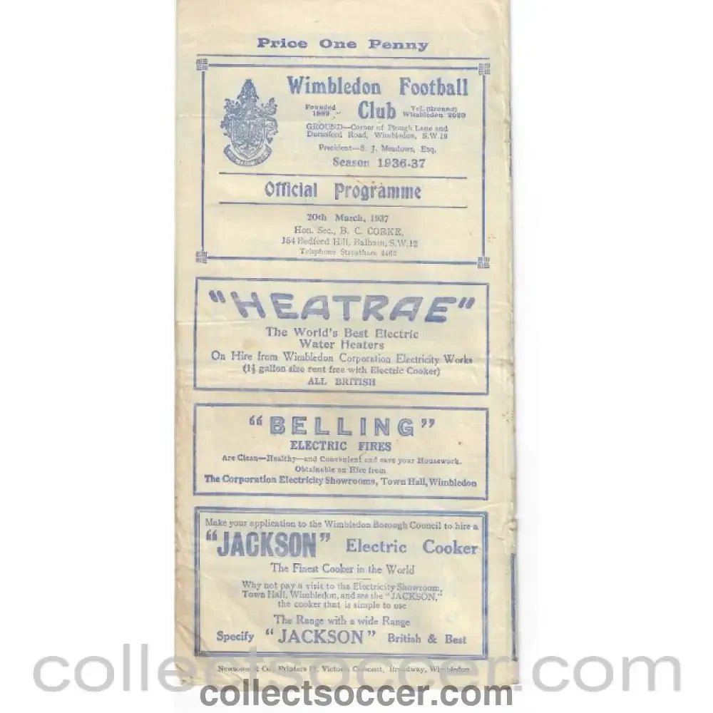 1937 - Wimbledon v Leytonstone 20/3/1937 Official Programme - Collect Soccer