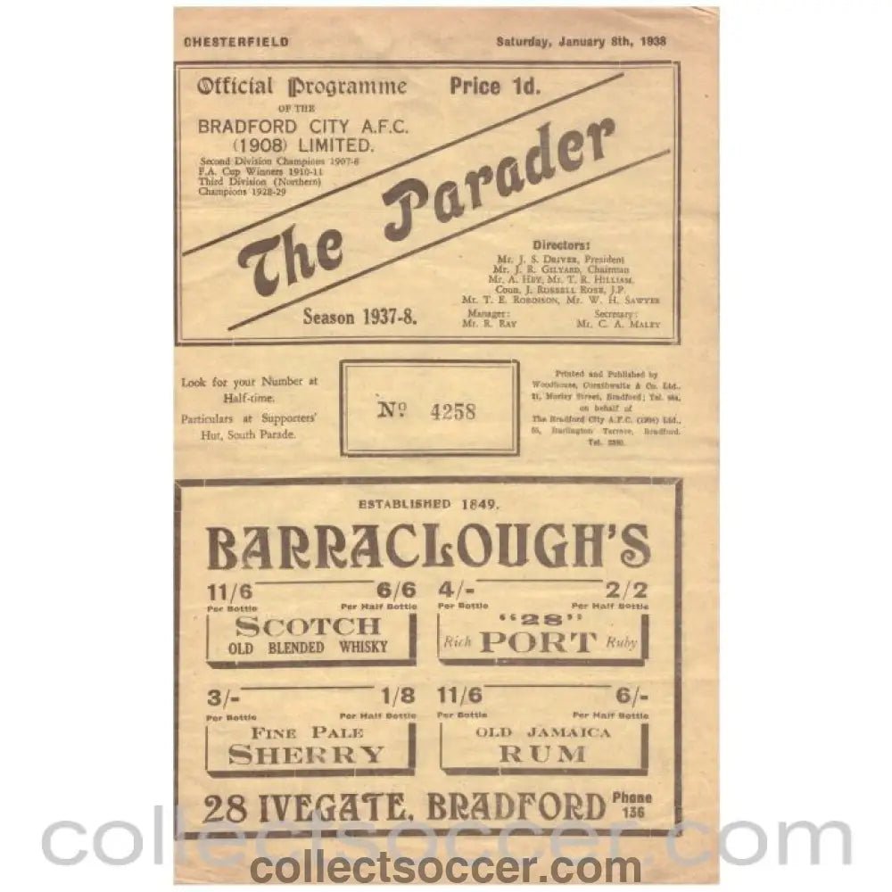 1938 Bradford City v Chesterfield Official Programme - Collect Soccer
