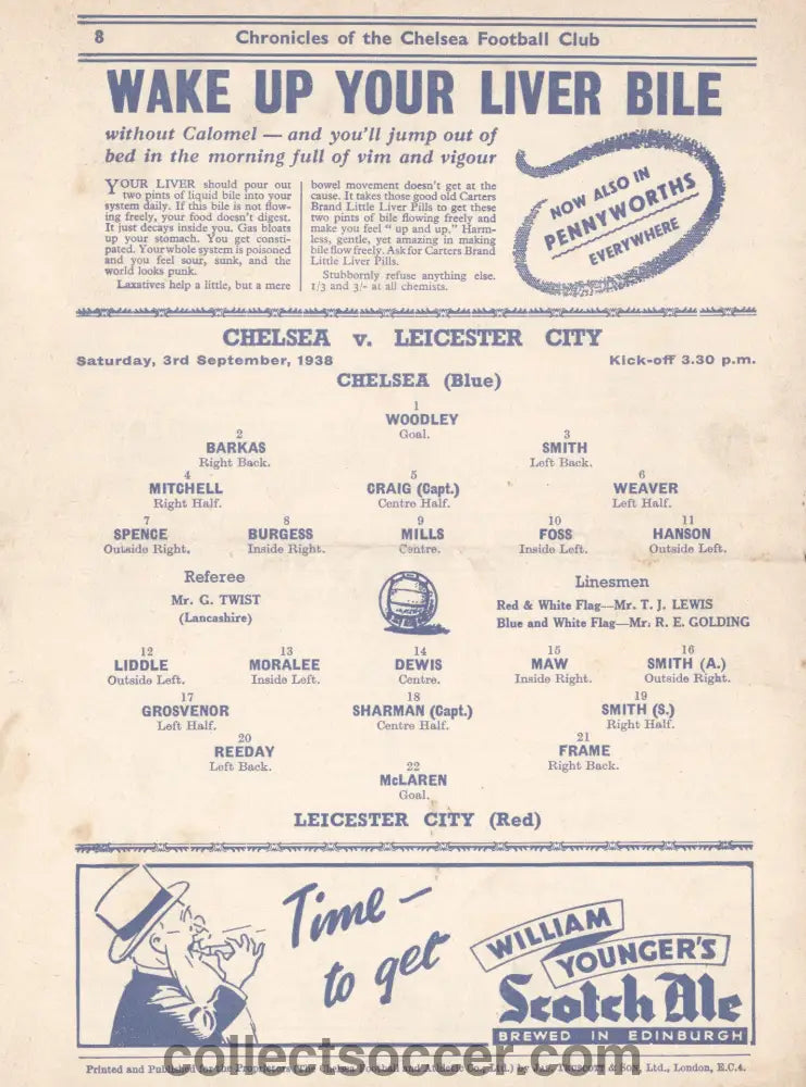 1938 Chelsea v Leicester City Official Football Programme 3/9/1938