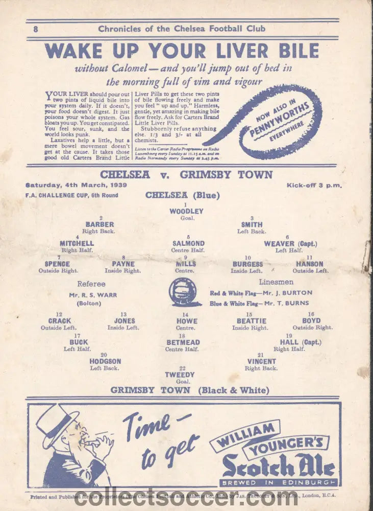 1939 Chelsea v Grimsby Town FA Cup 6th Round Official Football Programme 4/3/1939