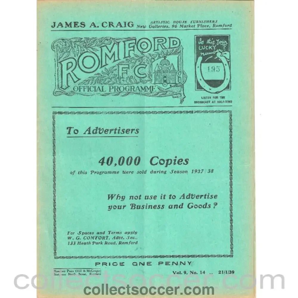 1939 - Romford v Hayes 21/1/1939 Official Football Programme - Collect Soccer