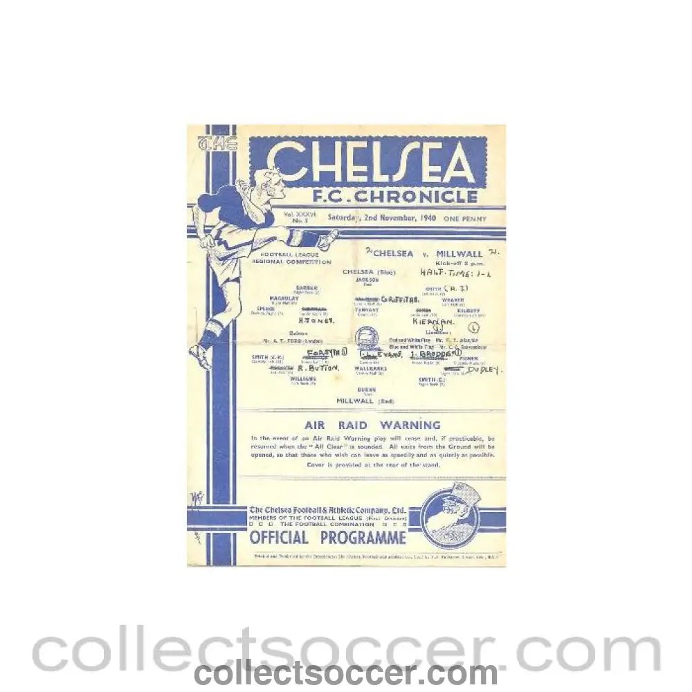 1940 - Chelsea v Millwall official programme 02/11/1940 Football League - Collect Soccer