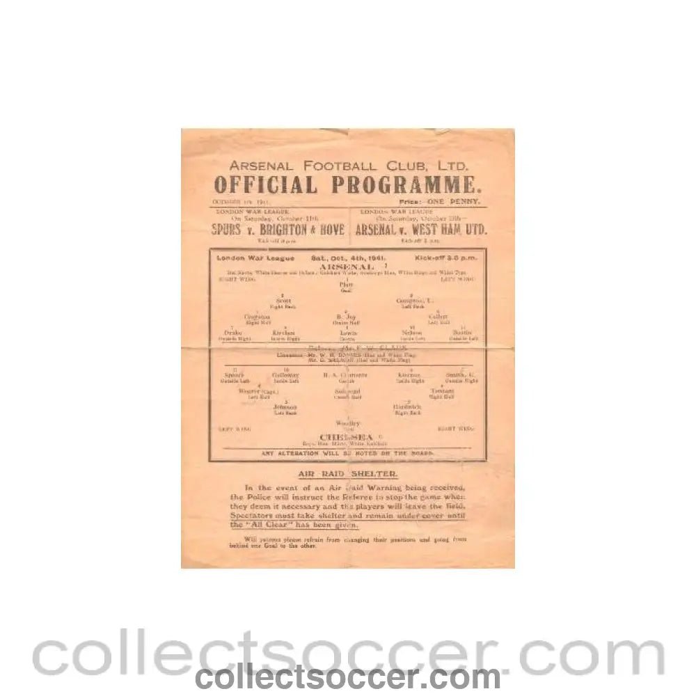 1941 - Arsenal v Chelsea official programme 04/10/1941 - Collect Soccer