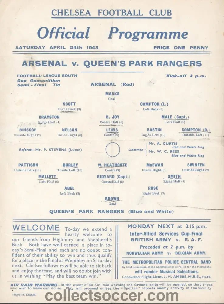 1943 At Chelsea Arsenal v Queens Park Rangers Football League South Semi Final Programme - Collect Soccer