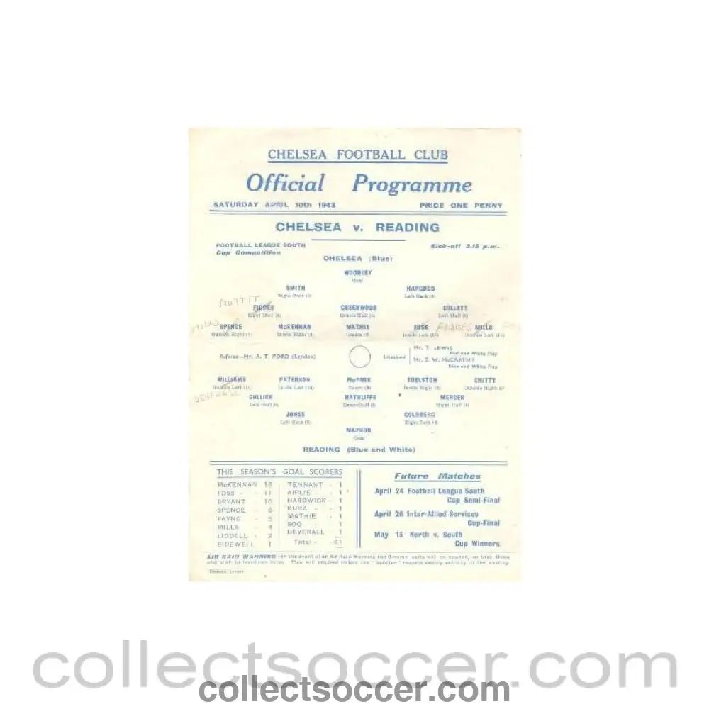 1943 - Chelsea v Reading official programme 10/04/1943 - Collect Soccer